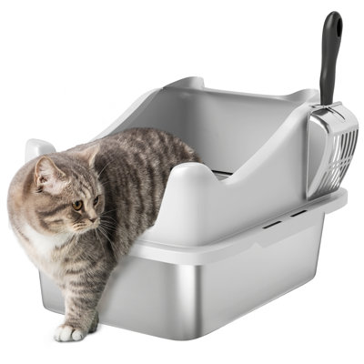 Cat Litter Tray Stainless Steel High Sided 43 x 33 x 25cm Grey