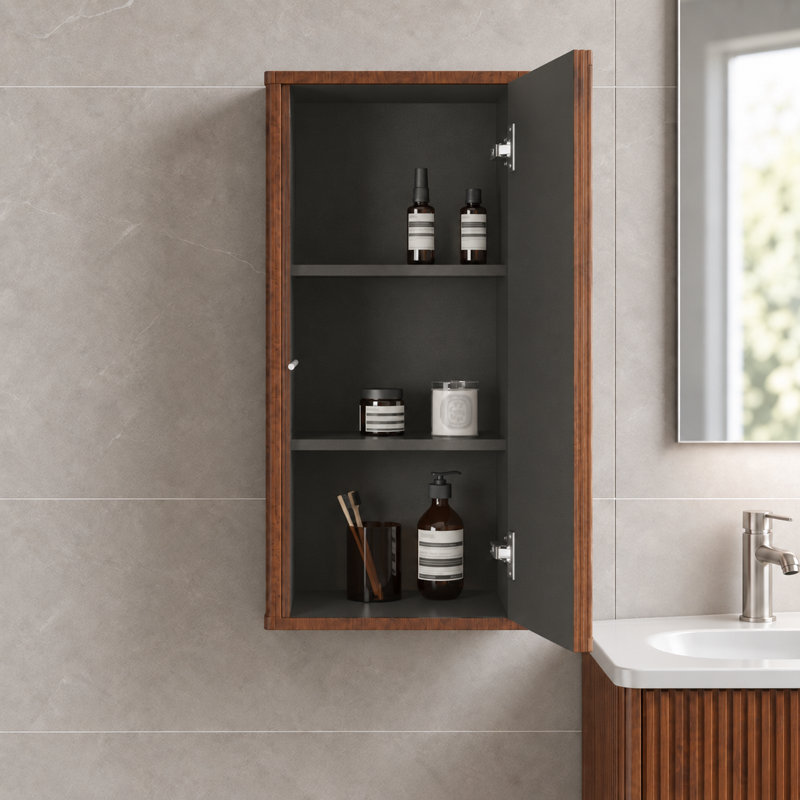 Armoire latérale flottante rayée pour salle de bain, rangement mural pour petits espaces, pré-assemblé et élégant, Noyer