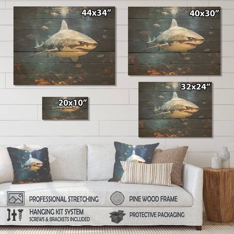Underwater Shark Attack II - Shark On Wood Print, H 34 po x l 44 po