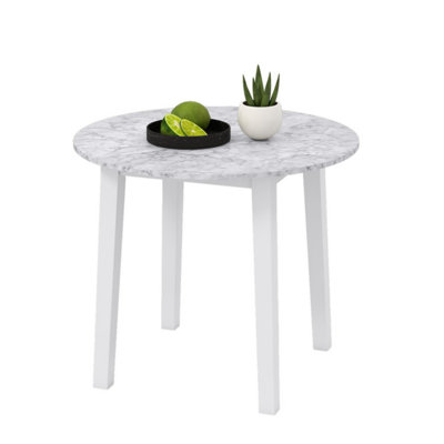 35 Inch Round Dining Table with Rubber Wood Legs and Marble-textured Veneer Tabletop