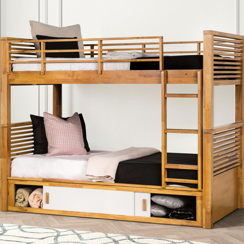Lit superposé transitionnel simple au-dessus de chêne avec design à lattes, rangement sous le lit et finition convertible avec structure en bois massif, réversible
