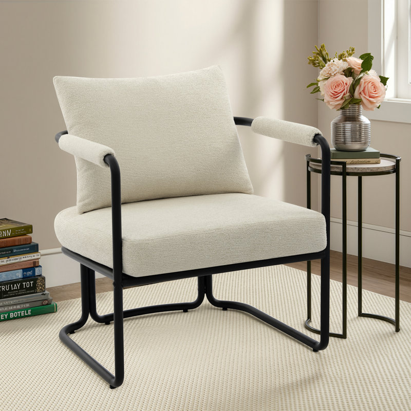 Mid-century Modern Upholstered Accent Chair With Ultra Thick Cushion And Industrial Metal Frame, Beige