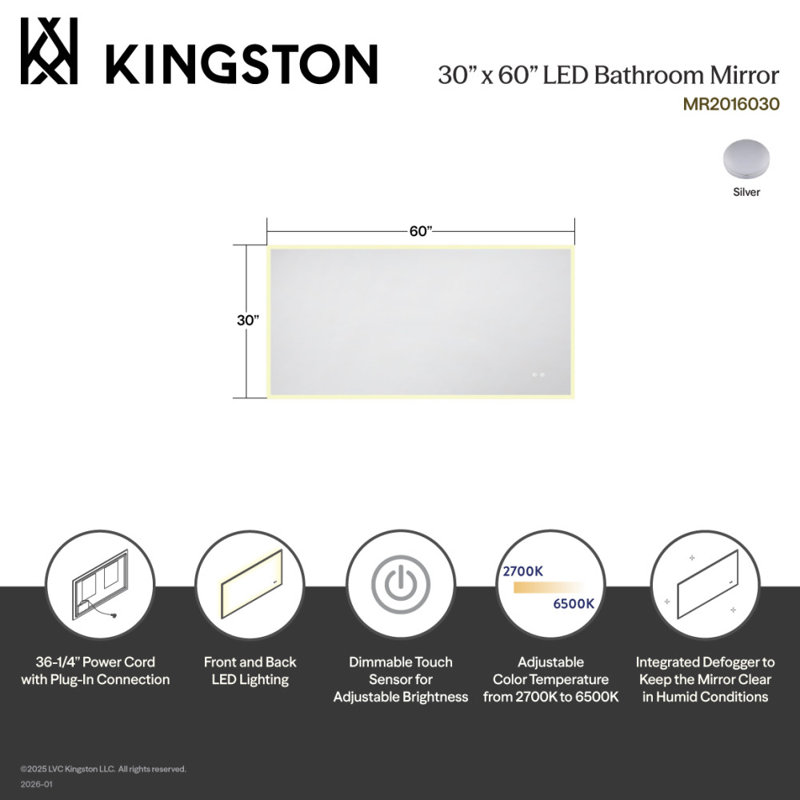 Kingston Brass Aurora 30-Inch x 48-Inch Led Bathroom Mirror, Front and Back Light, Anti-Fog, Dimmable Touch Sensor Lighted Mirror