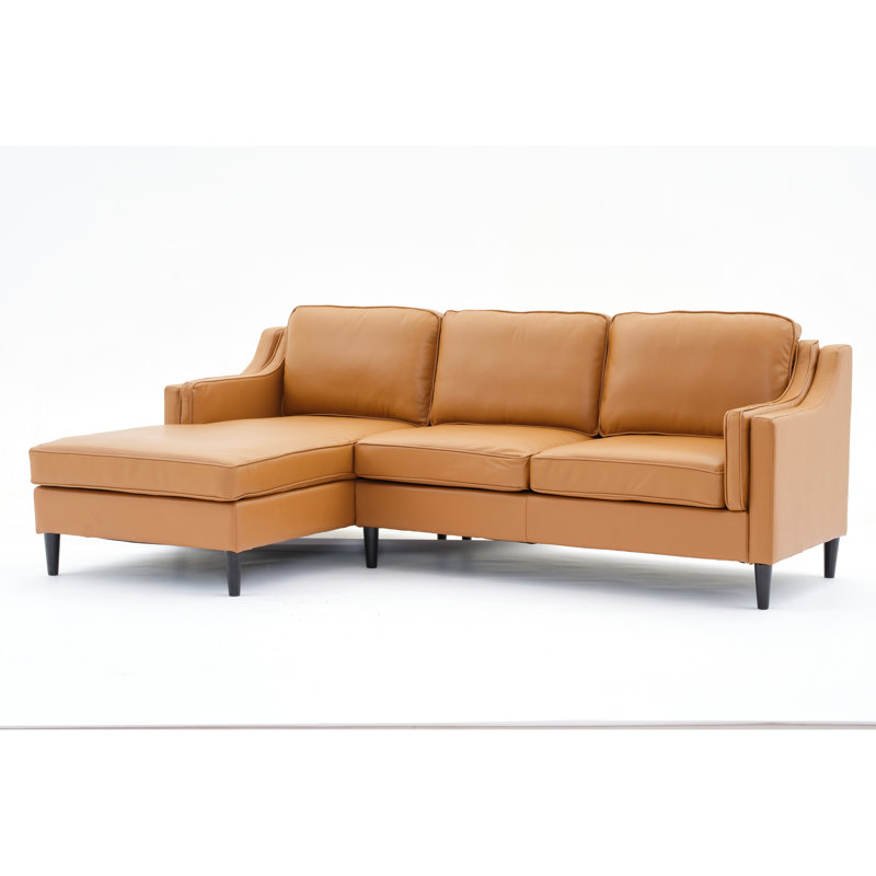 94,5 po. Cuir véritable moderne avec méridienne à gauche, brun clair, ton de bois, 3, méridienne mi-douce, esthétique, détail