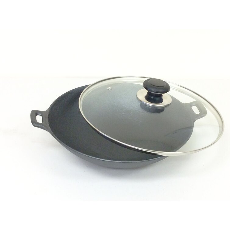 CUISILAND Pre-Seasoned 12 Cast Iron Wok with Glass Lid 