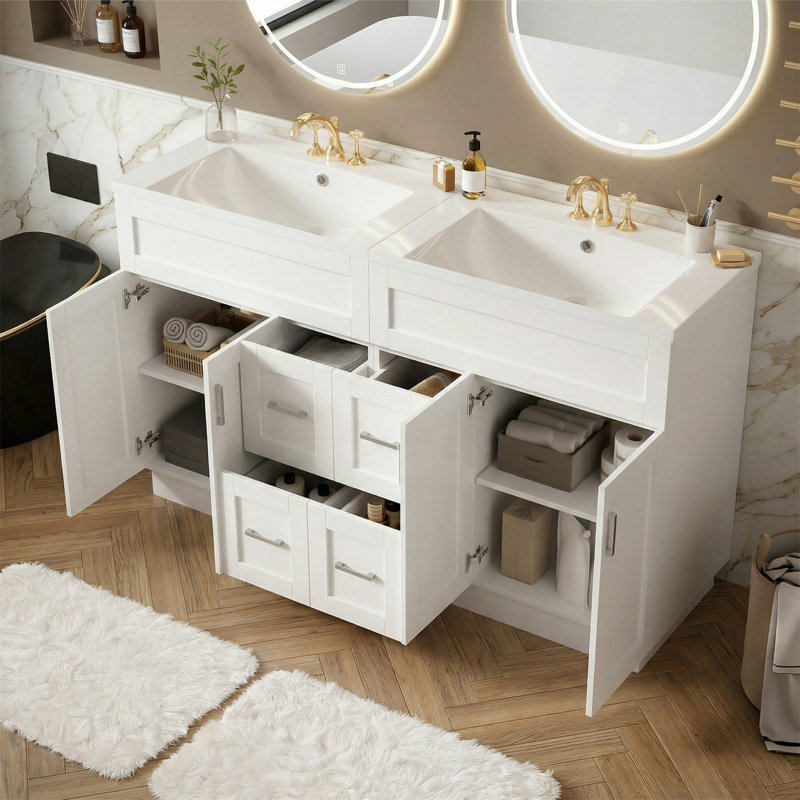60" Double Bathroom Vanity Set with Sinks, 8 Storage Compartments, Soft-Close