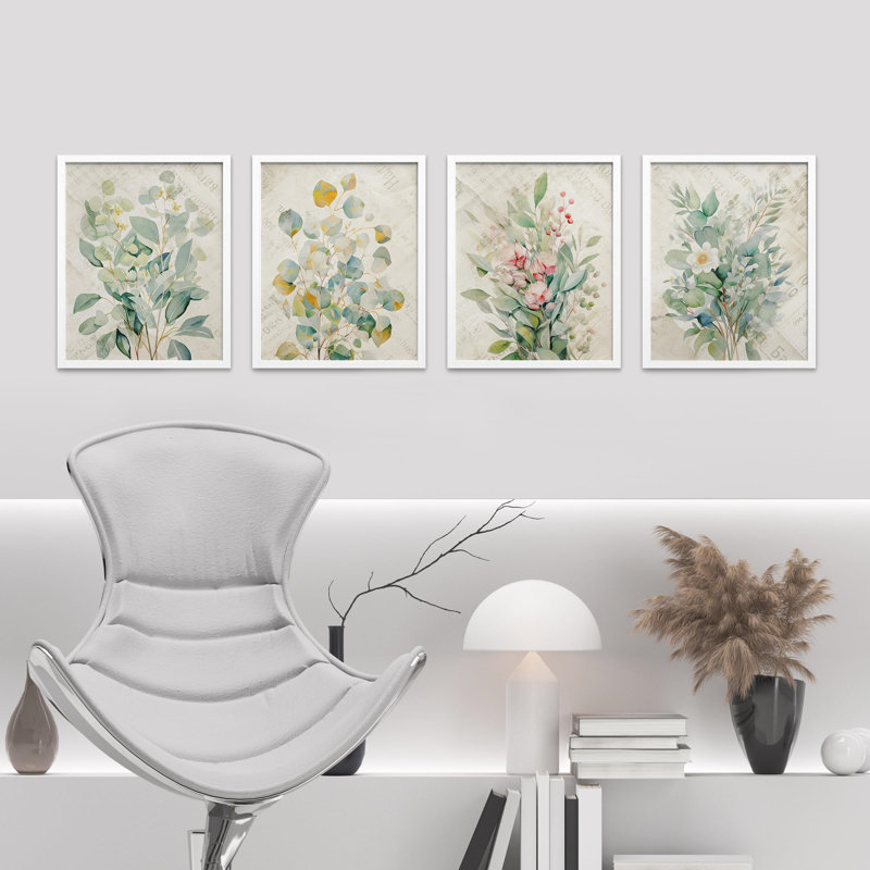 «Wildflowers Green Plants Floral Botanical», impression sur papier 4 pièces, Blanc, H 14 po x l 11 po