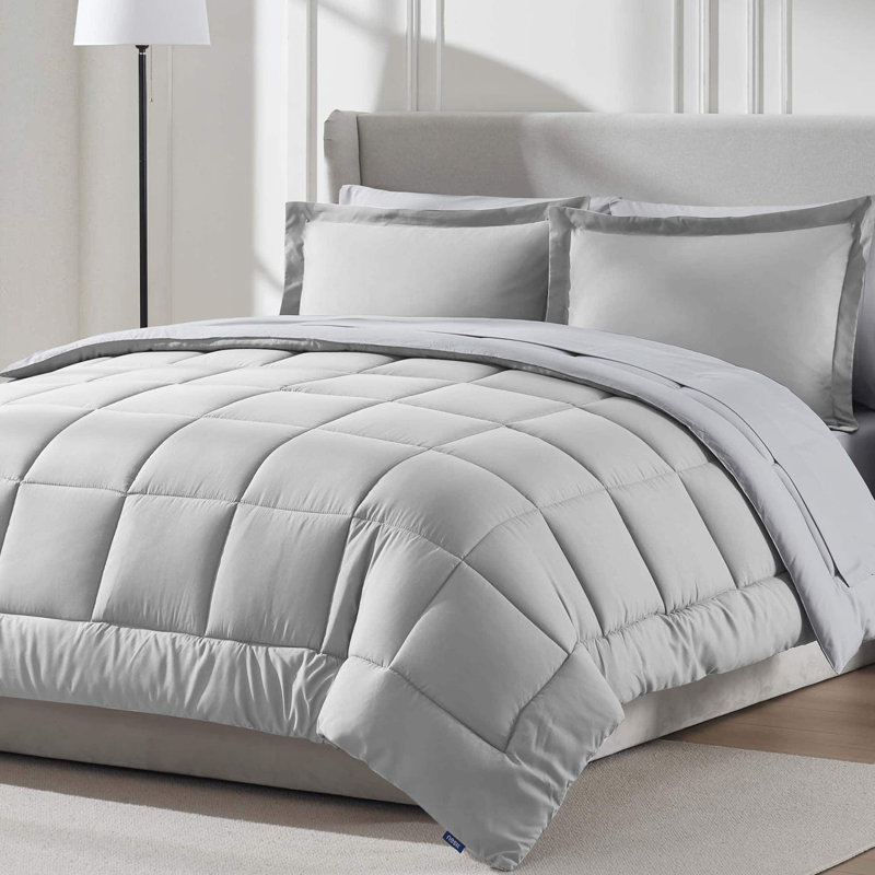 Bed-in-A-Bag Reversible Comforter Set with Bed Sheets & Down Alternative Pillows, Light Gray