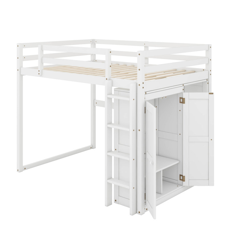 Lit mezzanine double avec garde-robe, tablettes et éclairage à DEL, Blanc