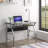 Modern Computer Desk with Pull-Out Keyboard Tray, Clear Glass Top, and Silver Metal Frame for Home Office and Study Rooms