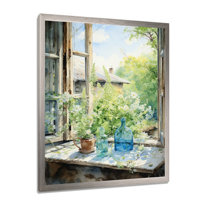 Green and blue countryside window Charm I - Farm Windows Canvas Wall Art