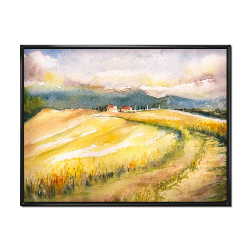 «Italian Blossoming Hayfields», peinture sur toile, H 12 po x l 20 po, Cadre flottant noir