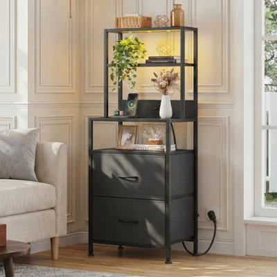 Nightstand Set Of 2 With Charging Station, LED Night Stands With 2 Fabric Drawers And 4 Storage Open Shelves, Bedside Table Sets For Bedroom