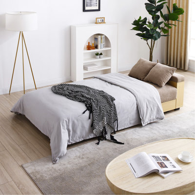 Convertible Sleeper Sofa Couch,Multifunctional Double Folding Sofa Bed,Storage Ottoman And Sofa Arm With  Box And Drawer, Drop Down Table With 2Cup Holders For Living Room,Apartment,Office,Light Brown