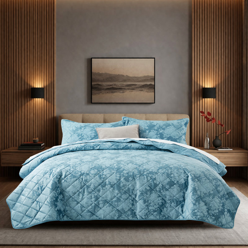 Ensemble de couvre-lit en velours embossé - Ensemble de courtepointe légère avec taies d'oreiller, Bleu délavé