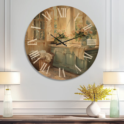 Laundry Room French Vintage I - Horloge murale moderne surdimensionnée, imprimée sur bois