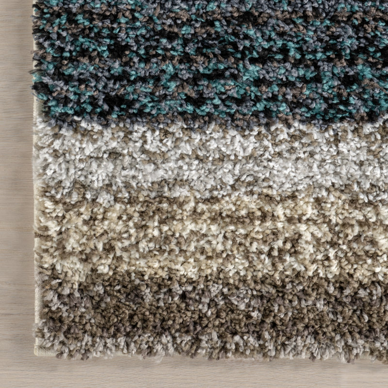 Tapis à poil long brun / bleu sarcelle / bleu touffeté à rayures City, Rectangle 12 pi x 15 pi