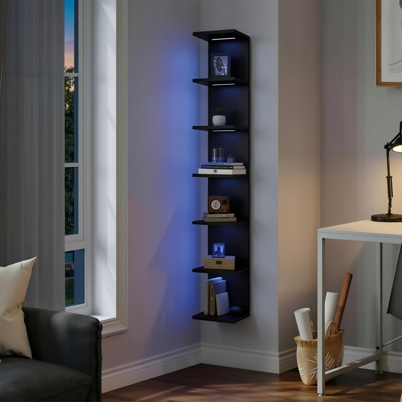 59.4''H 7-tier Black Wall Shelves With Rgb Lights, Black