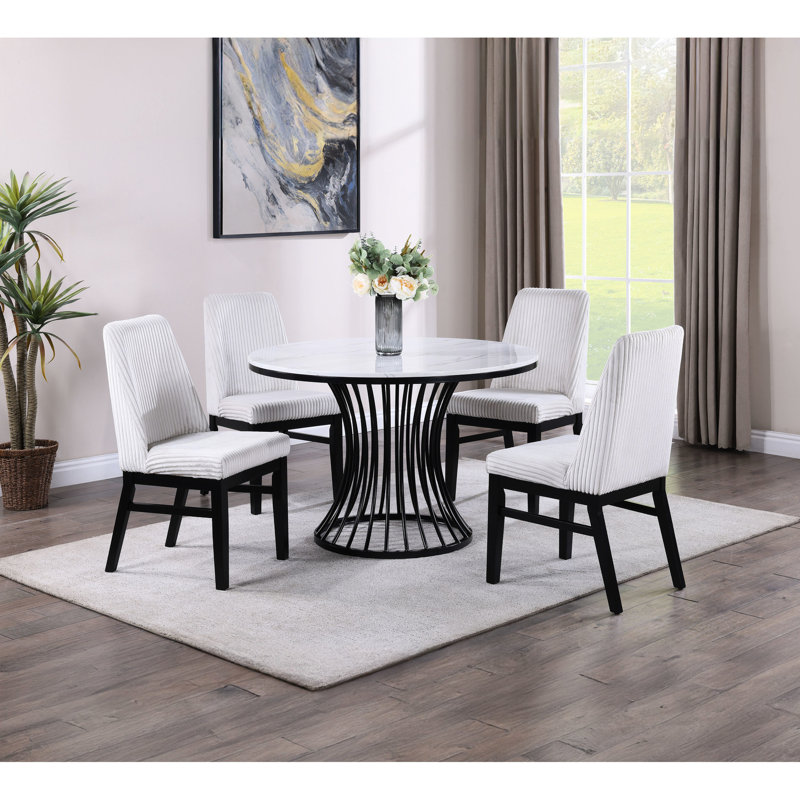 Table de salle à manger de style moderne en faux marbre, ronde avec base en forme de cage en noir et blanc, meuble magnifique base de table blanche, structure