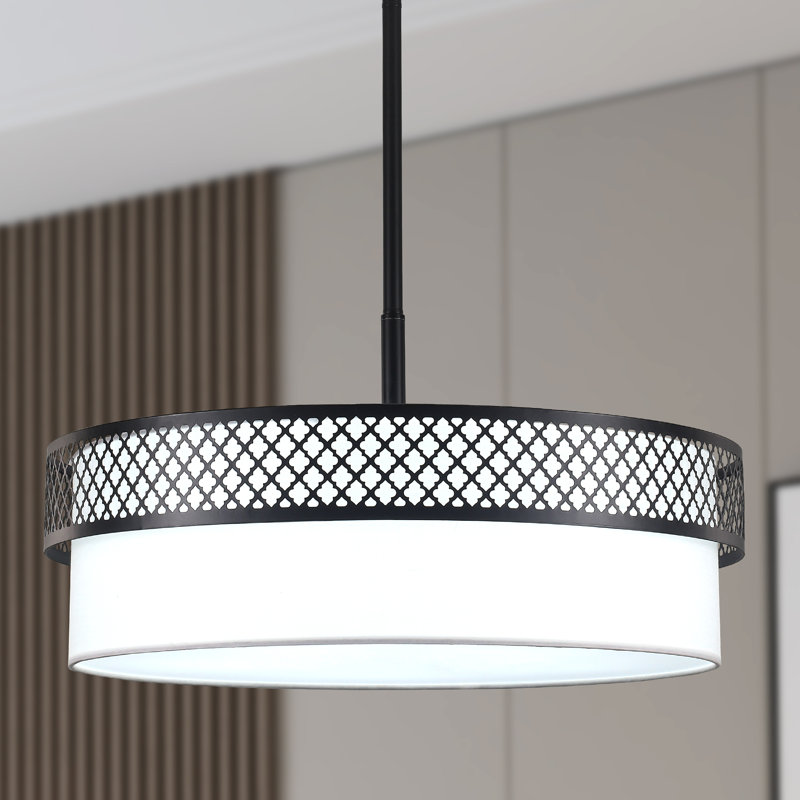 5 - Light 21.57" Dimmable Linen Shaded Drum Chandelier With Cut-Out Design Frame For Kitchen Island Living Dining Rooms Entryway Hallway Foyer