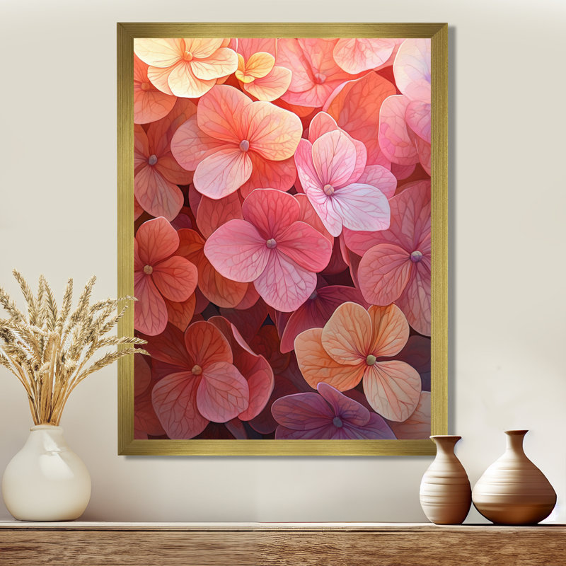 Hortensias au coucher du soleil, lueur I - impressions murales florales, H 20 po x l 12 po, Doré