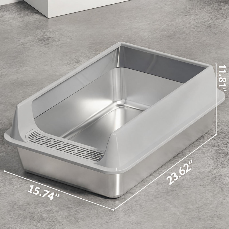 Litière pour chat XL en acier inoxydable avec hauteurs et contrôle des odeurs, 23.62'', Gris