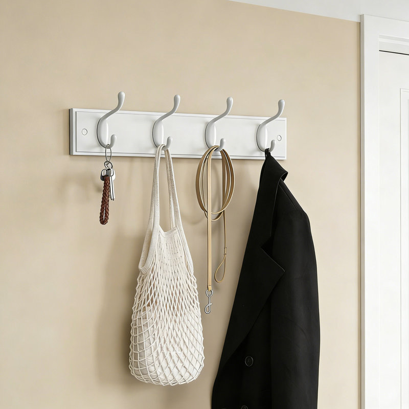 Ensemble de 2 portemanteaux muraux blancs avec 4 crochets robustes en métal et bois