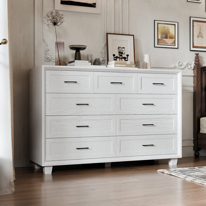 9 Drawer Double Dresser, White Wood