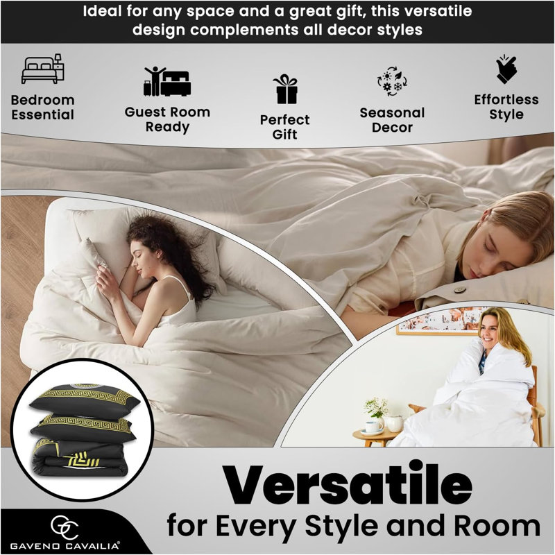 Polyester Geometric Duvet Cover Set with Pillowcases, Black/Gold, Double Duvet Cover Set + 2 Standard Pillowcases
