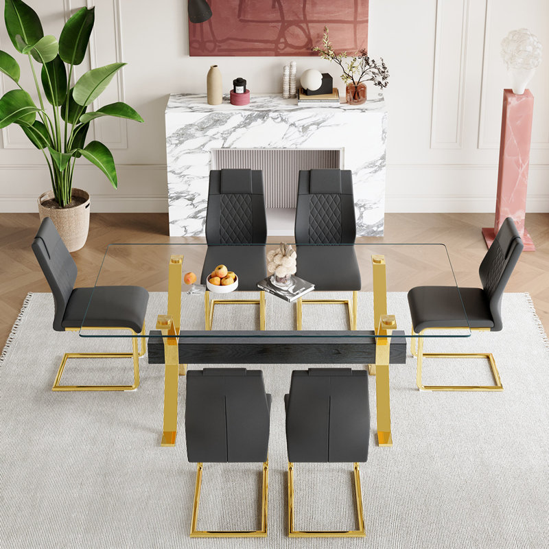 7-Piece Glass Top Dining Table Sets, Black/Gold, 76 cm H x 51 cm W