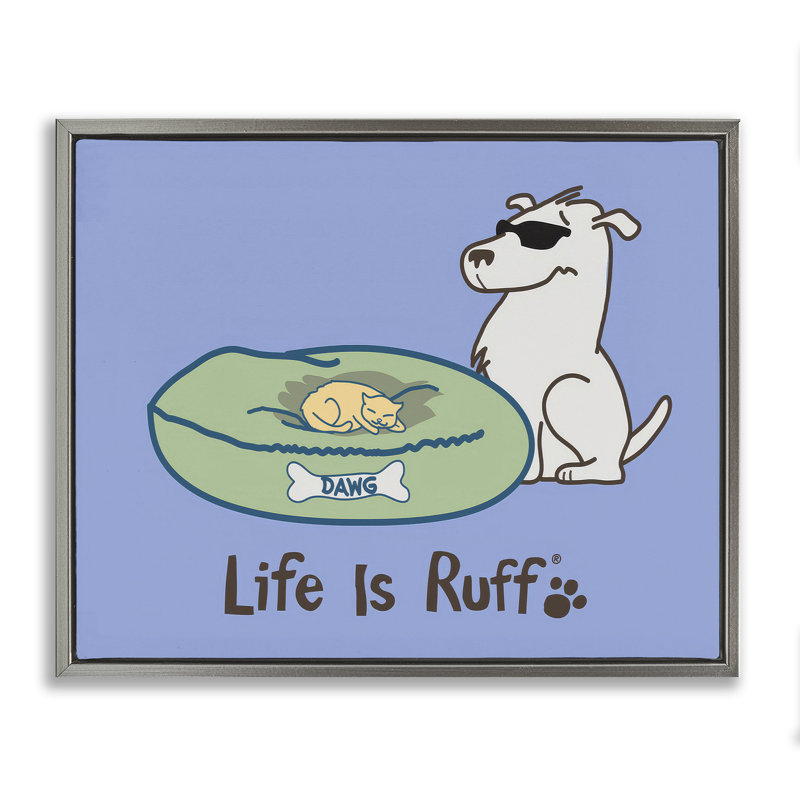  «Cat on Dog Bed», art mural encadré sur toile flottante par LIR, H 17 po x l 21 po, Cadre flottant gris lustré