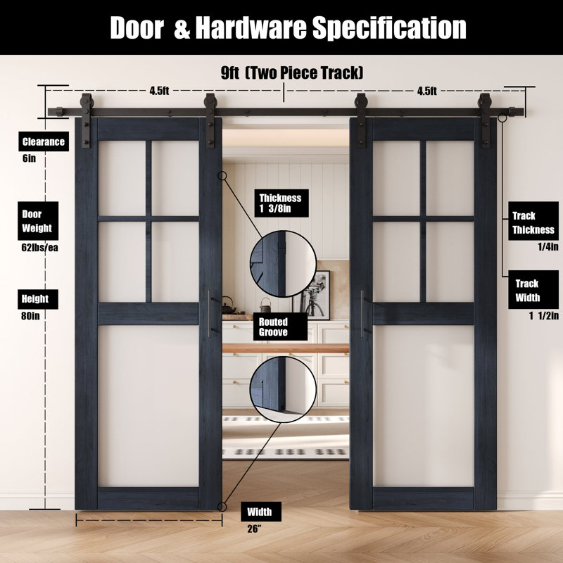 Portes de grange non assemblées et finies en verre givré de 26 po x 80 po à 5 lumières Homacer de 26 po x 80 po Homquer