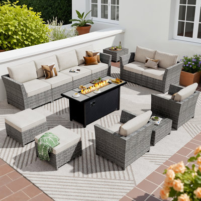 13- Piece Wicker Outdoor Patio Furniture Set with Cushions,Ottoman and Propane Fire Pit Table - Mostly No - Assembly (Except Fire Pit)