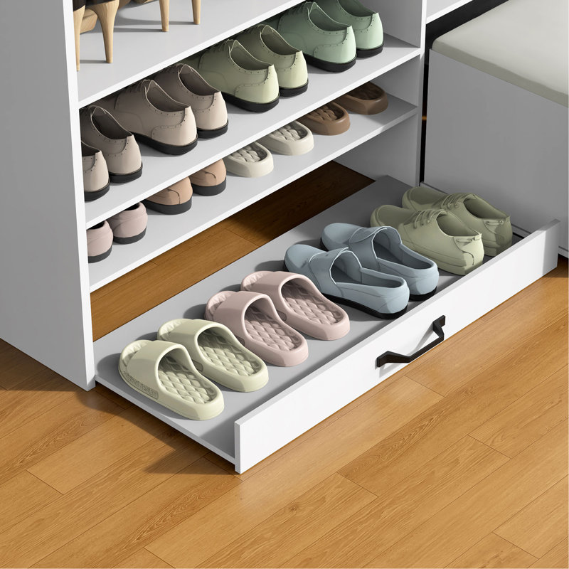 Armoire à chaussures multifonctionnelle avec tablettes réglables, tabouret, tiroir escamotable, range-chaussures minimaliste avec surface supérieure robuste pour différentes tailles d'articles