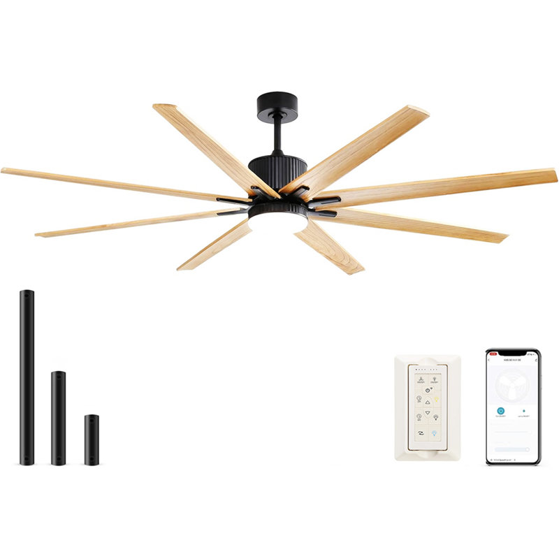 Ventilateur de plafond 76 pouces avec lumières, télécommande, 8 pales en bois massif avec lumière DEL à intensité variable de 18 W
