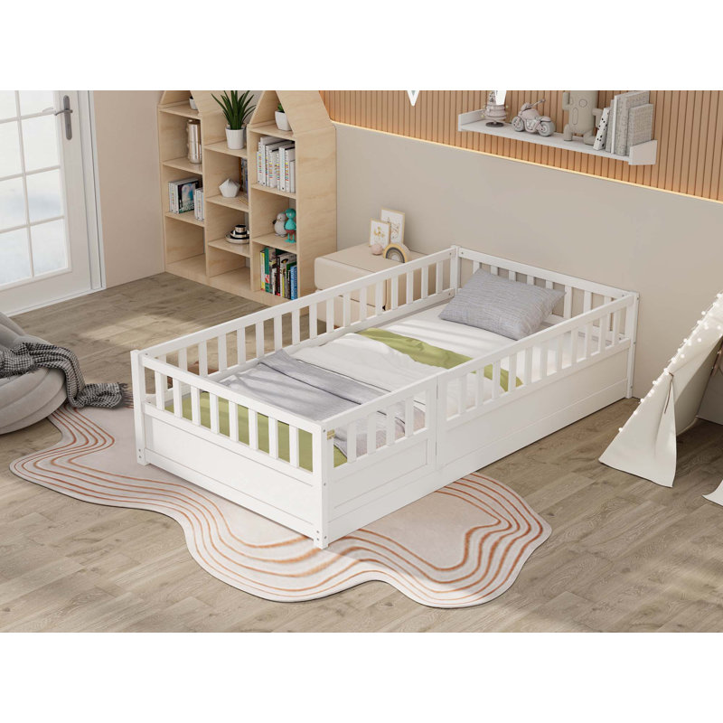 Lit de plancher en bois pour enfants, lattes de soutien, Simple, Blanc