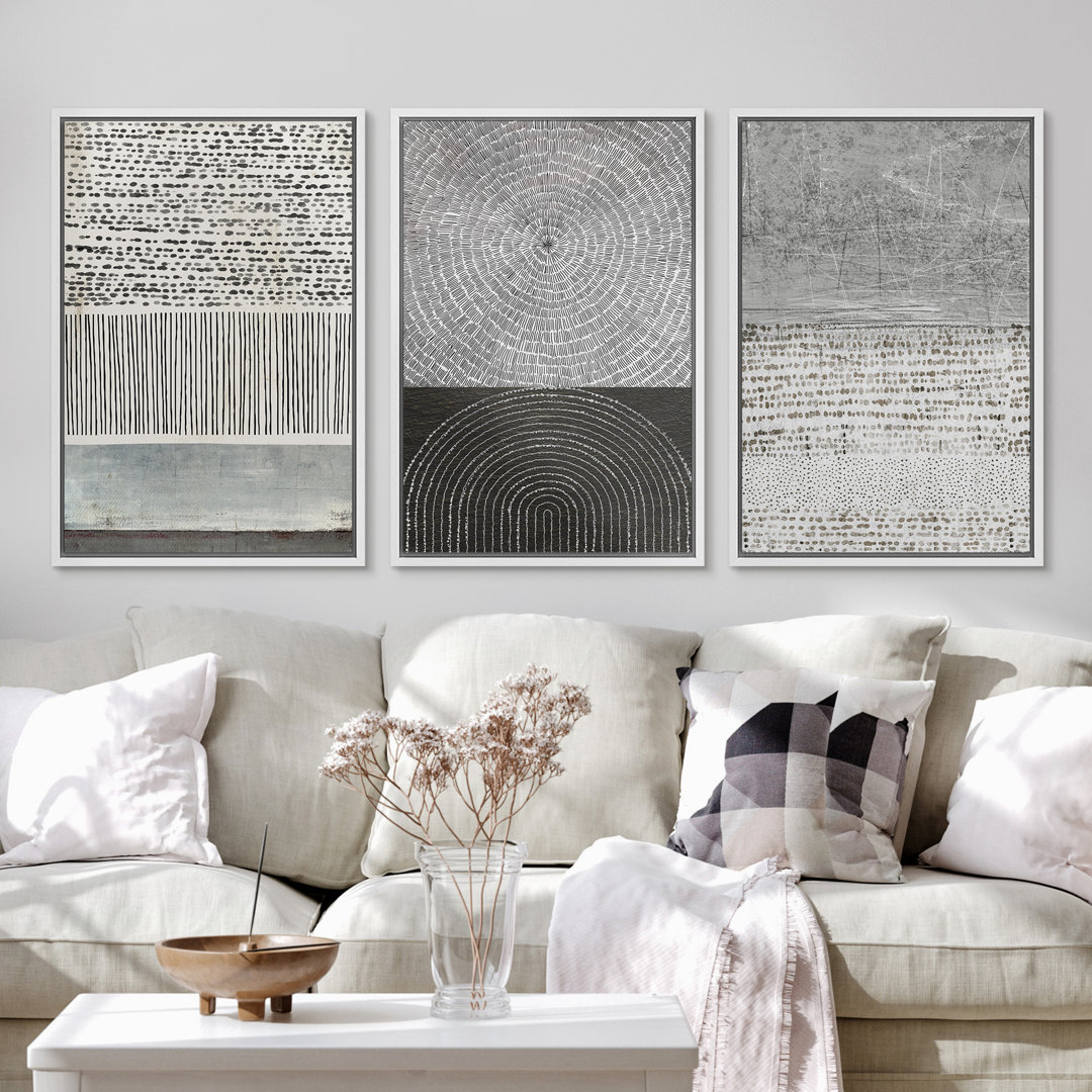 Geometric Line Industrial Black & Gray & Green Abstract Geometric Minimalist Framed Canvas 3 Pieces Print Wall Art IDEA4WALL Frame 