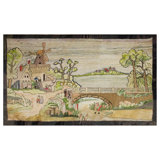 1940s Multi Scene Pictorial Folk Art American Hooked Rug 3'2"x5'6" Cotton Carpet
