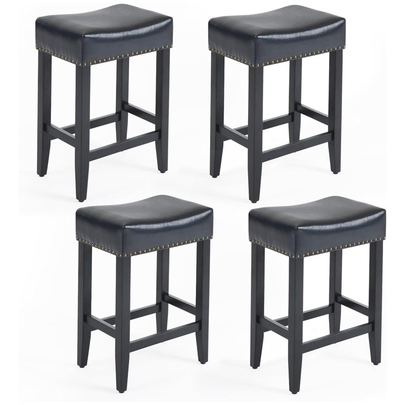 Backless Saddle Upholstered 26" Counter Stool with Wood Frame, Gray, Black PU Leather