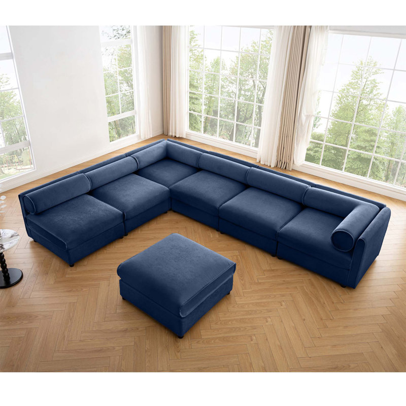 Cash 6-Seater Chenille Sectional Sofa with Ottoman, Chenille bleu