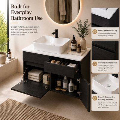 31.5" Modern Floating Bathroom Vanity With Ceramic Sink, Drawer & Cabinet Storage For Compact Spaces, Wall-Mounted