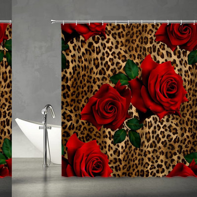 Wild Rose Leopard Shower Curtain - Modern Floral Animal Print Bathroom Decor Set with Hooks