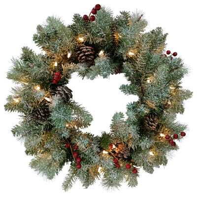 Couronne de Noël artificielle pré-éclairée en pin de Waterloo avec lumières claires de 24 pouces