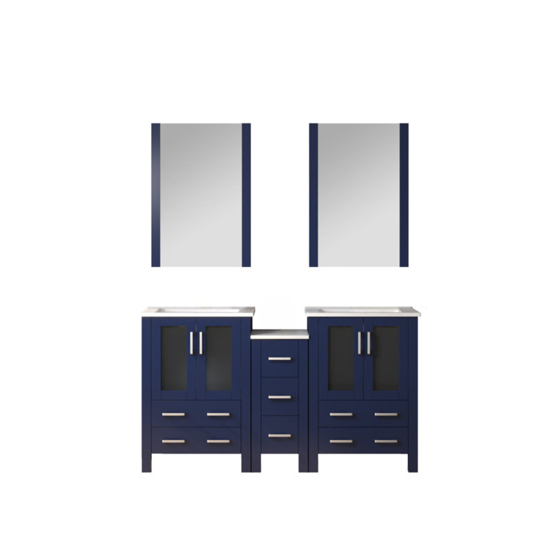 Ensemble de meuble-lavabo double 60 po X P 18,25 po D, avec armoire latérale, plateau en céramique blanche et Miroirs, Marine
