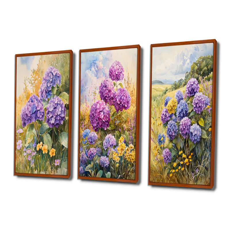Hortensias et fleurs sauvages champêtres I - Collection d'art mural hortensias verts, H 40 po x l 60 po, Brun