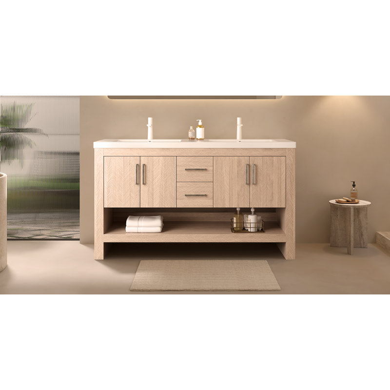 Meuble-lavabo autoportant en contreplaqué avec 2 tiroirs, 4 portes et une tablette ouverte 60 po