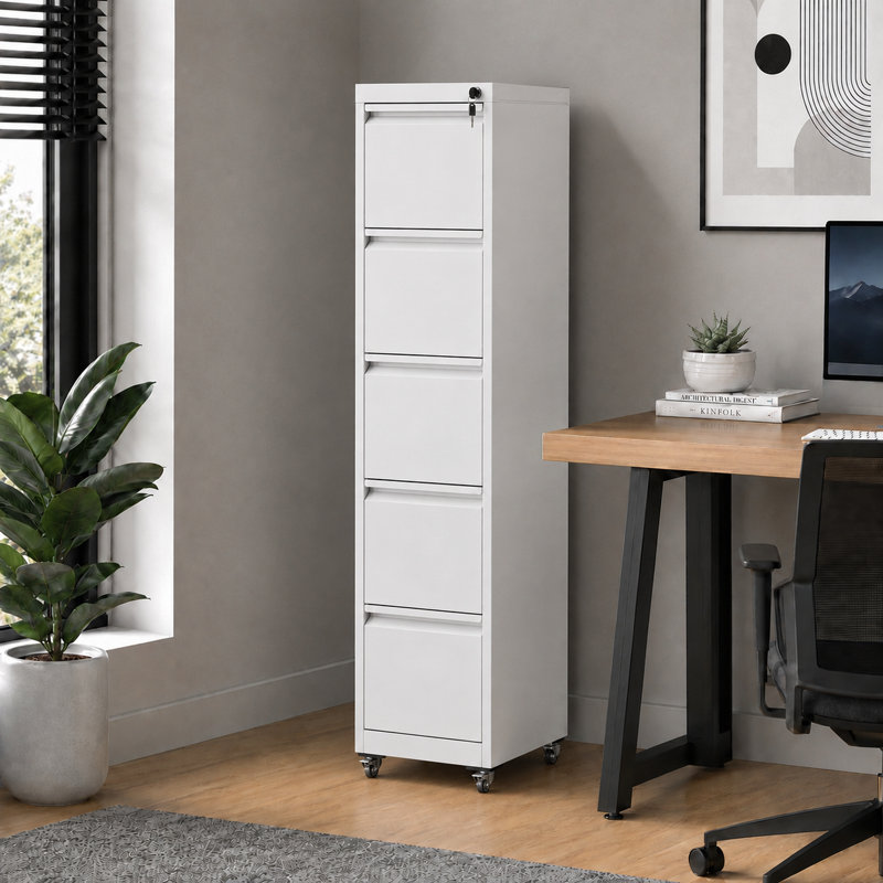 Classeur vertical en métal à 5 tiroirs avec serrure et roulettes Bizoe, Blanc, Avec des roues