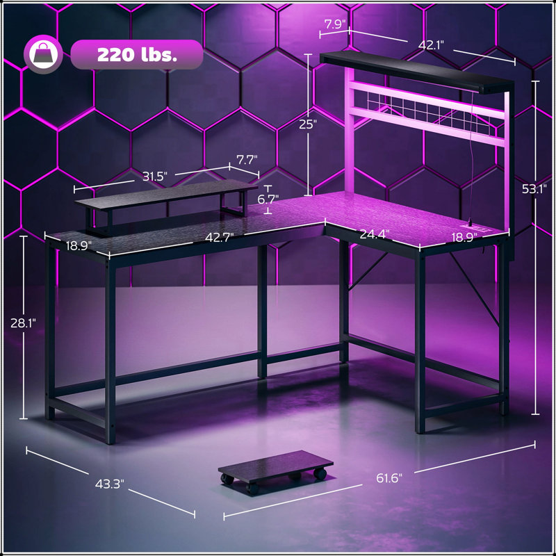 Bureau de jeu en L avec support pour écran, tablette pour unité centrale, prises de courant et lumières à DEL RVB pour une expérience de jeu améliorée