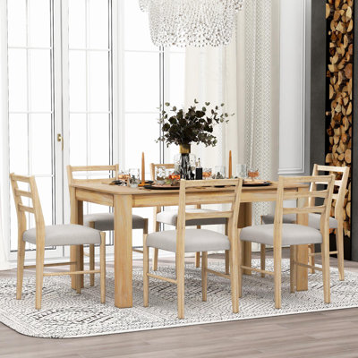 Farmhouse 7-Piece Wooden Dining Table Set- Multifunctional Extendable Table With 12" Leaf And 2 Drawers & 6 Upholstered Chairs (Natural Wood Wash)