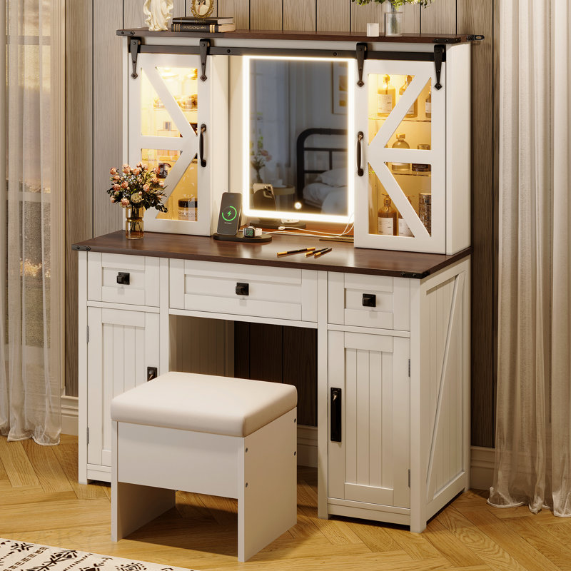 43.3" Farmhouse Makeup Vanity Desk With Lighted Mirror, Vanity Table Set With Charging Station, Dressing Table With Sliding Barn Door Hidden Shelves & 3 Drawers & 4 Cabinets, Beige